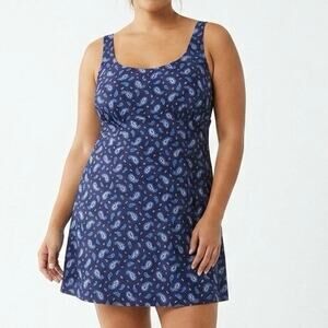 Lands' End Women's Blue Paisley Swim Dress One Piece Bathing Suit Modest Size 16